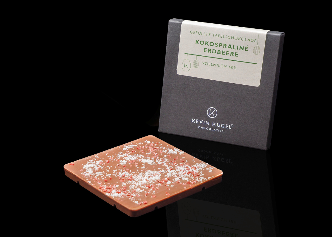 Gefüllte Tafelschokolade Kokospraliné Erdbeere Vollmilch 40%