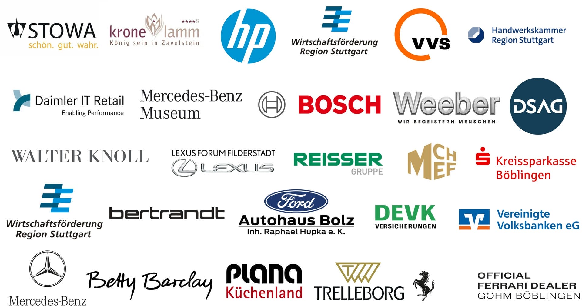 Logos einer Auswahl unserer Kunden, beispielsweise hp, vvs, Bosch